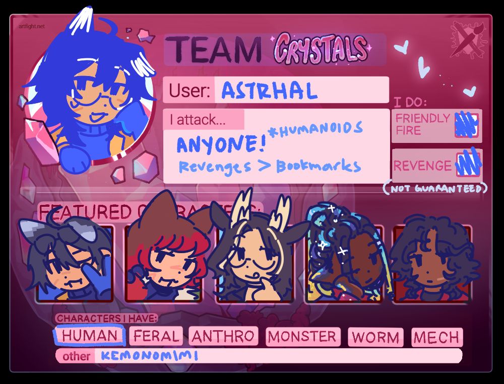 Astrhal's Artfight team card. The user attacks any humanoid OCs, prioritizing revenges over bookmarks. The user also does friendly fire and revenges, and has human and kemonomimi OCs.