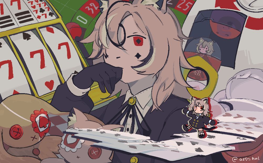 Dusk's OC Pikk, surrounded by plushies, a gachapon machine, and a slot machine. A small chibi version of them walks on floating cards.