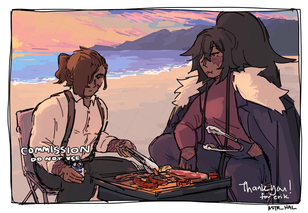 Digital illustration of two characters grilling food at a beach at sunset. One is a short man with burn scars on his arms, the other is a built, much taller woman with long, dark hair and a coat over her shoulders.