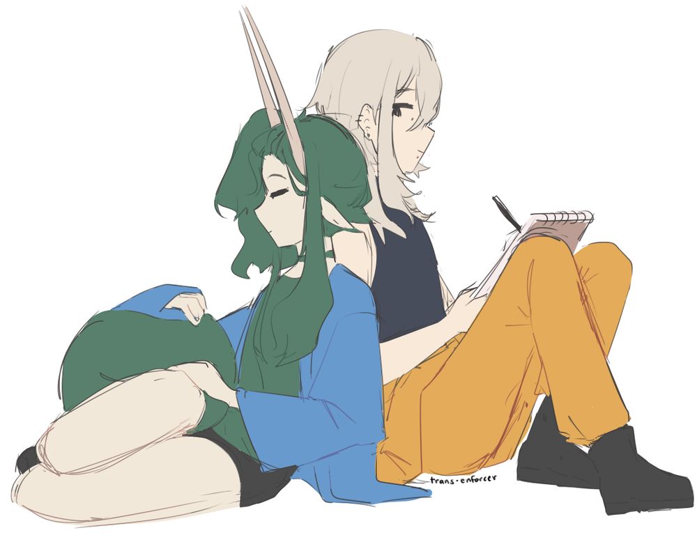 Two characters sitting down. One is writing on a notebook, and the other is asleep leaning on him.