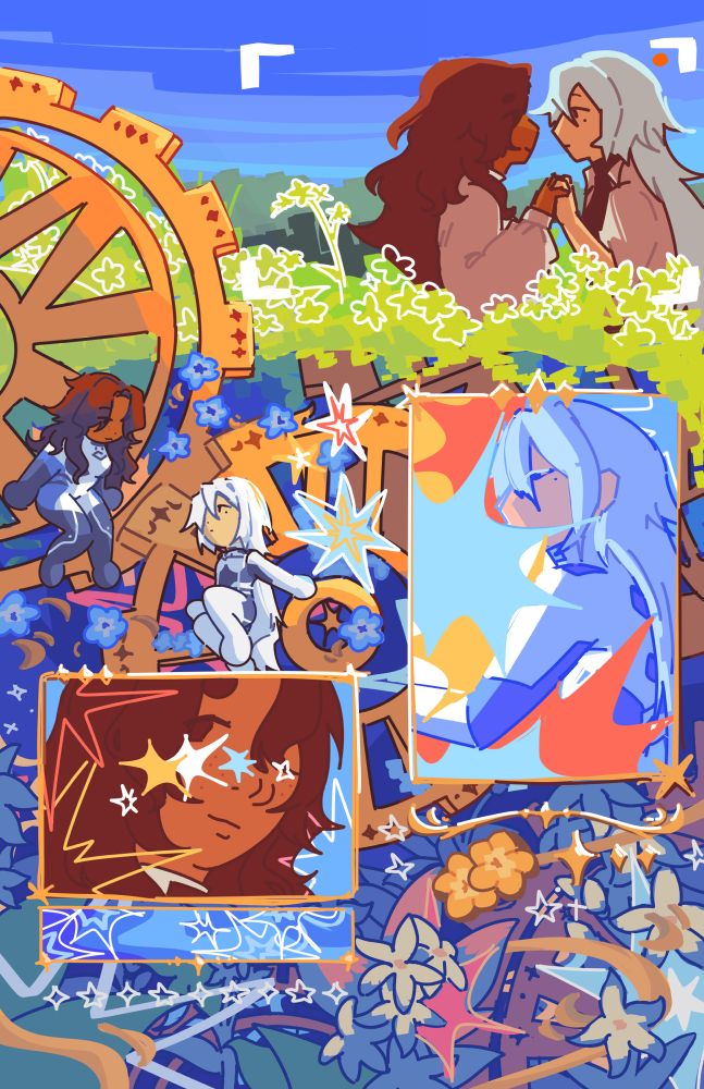 A compilation of art of Nini's OCs, Aeolus and Lumen, surrounded by gears, stars, and flowers. 

At the top, Aeolus and Lumen hold hands in a flower field. Below, chibi versions of them look at each other, sitting on gears. In one frame is Aeolus hugging stars. The other frame is a close-up of Lumen, face full of stars.