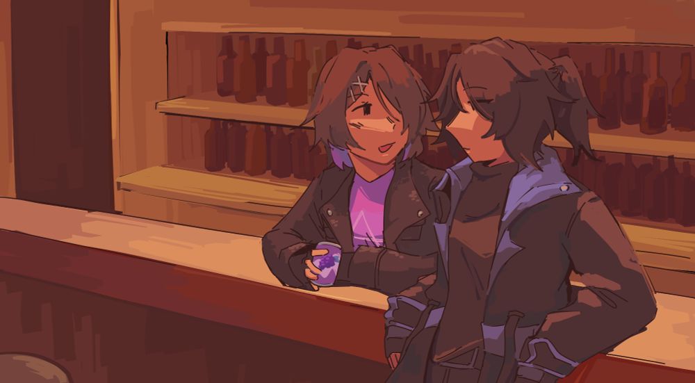 Two of Reimshade's OCs resting on an empty bar. The girl behind the bar offers the other girl a can of grape juice.