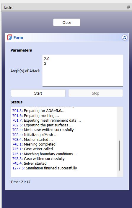 Dialog output showing FreeCAD CFD simulations running for multiple angles of attack. This allows the user to run multiple simulations with a single click instead of manually setting up each run.