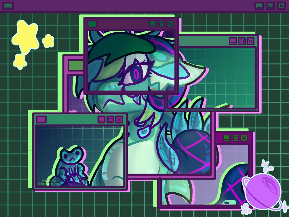 A blue and green Gummy Shark furry oc with a frog stuck in window vista type pop ups. 