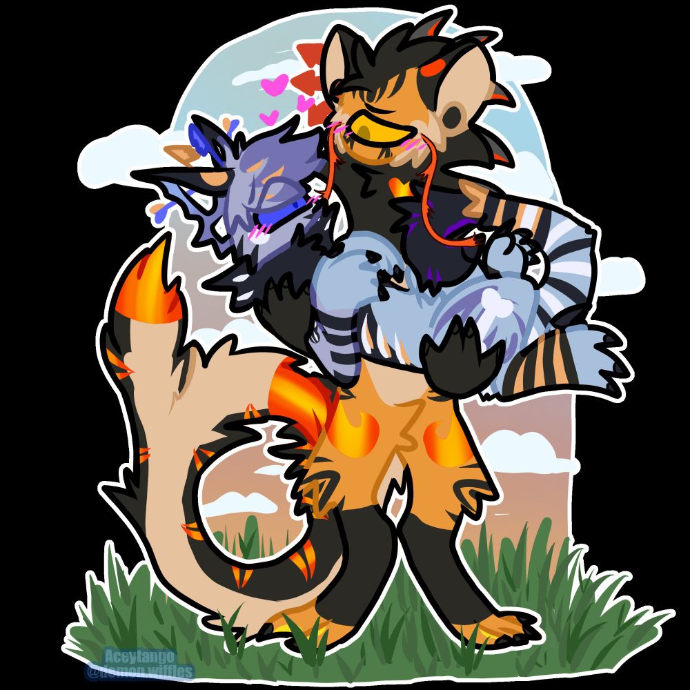 A orange tiger Cccat holds his purple, blue, and black cccat wife while staring at her lovingly 