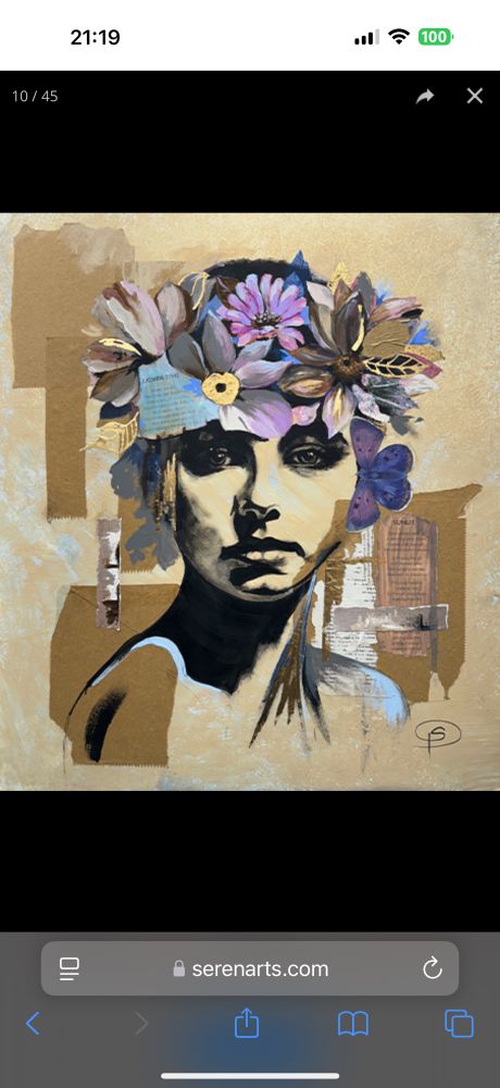 A mixed media collage artwork of a beautiful woman’s portrait. High contrast detail in the face sets off a a delicate crown of artistic flowers, in blue, pink and brown hues. The artist Serena Pugh has used her own poetry to intersperse the piece. The piece is titled “The Softest Crown“.