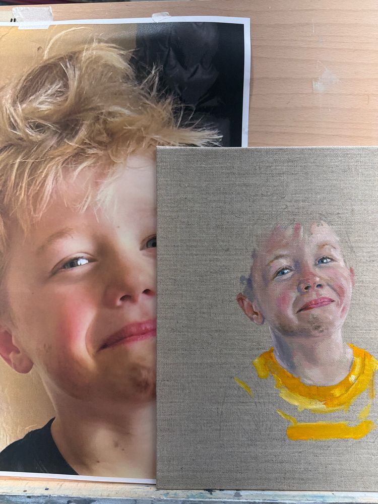 An expressive oil painting portrait of a smiling, young boy with mud on his face 