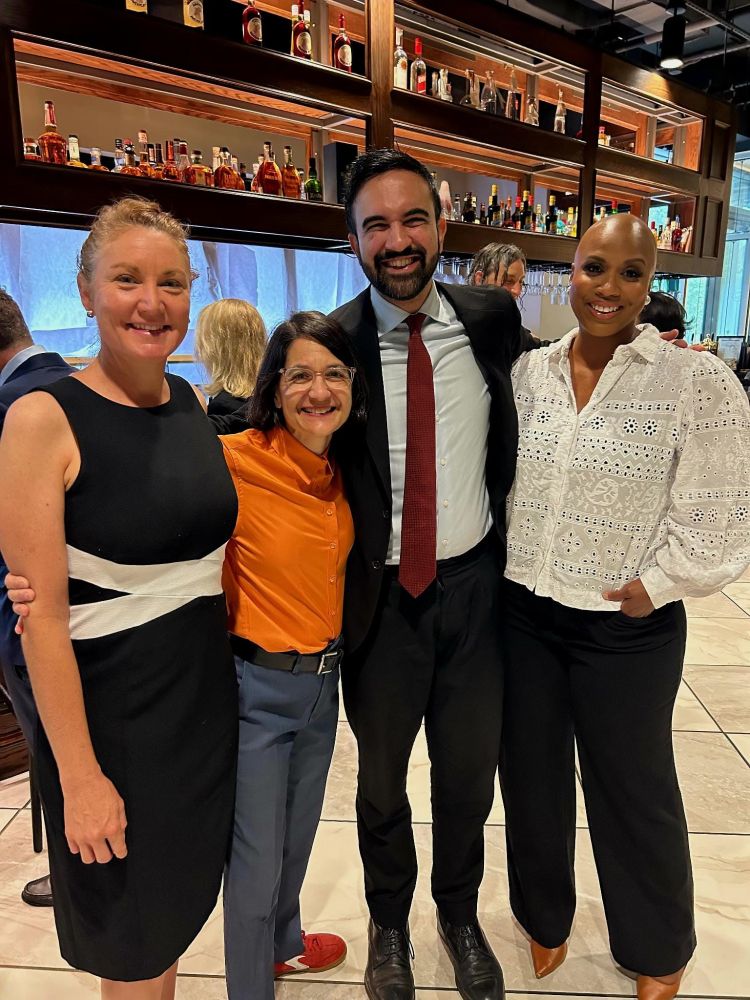 From left to right: Rep. Melanie Stansbury, Rep. Becca Balint, Zohran Mamdani, and Rep. Ayanna Pressley pose for a photo. 
