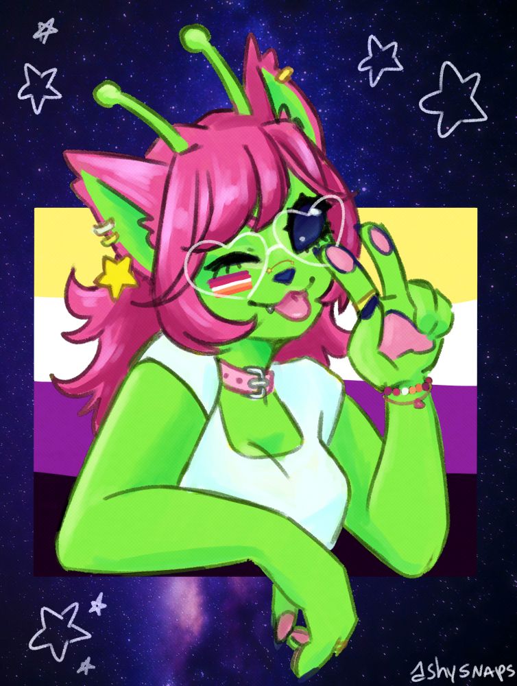 A portrait of an alien fursona with green skin, fluffy pink hair and cat ears and nose. they are sticking their tongue out. they have heart shaped glasses and a lesbian flag on their cheek. they hold their hand up in a V gesture and they are leaning on one shoulder. behind them is the nonbinary flag and space. 