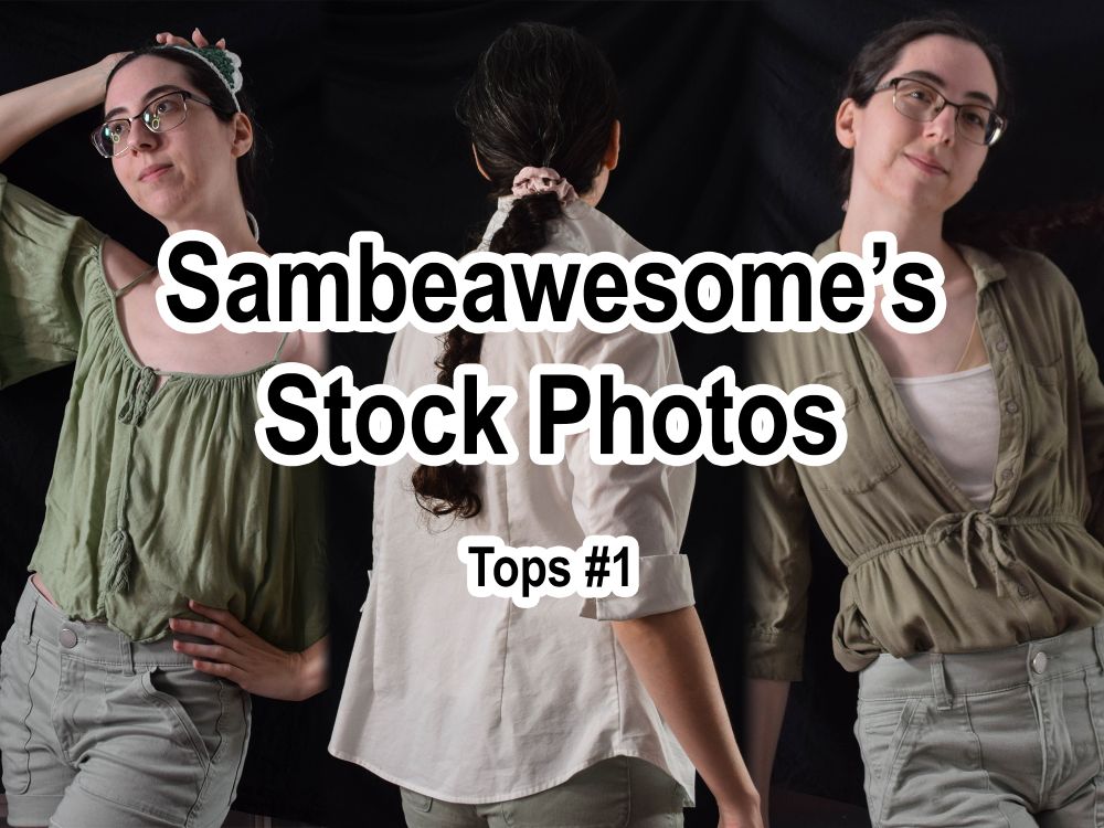 A set of various photos of a person, seen only from the hips up, wearing different shirts from the stock photo pack with text overlaying them reading: Sambeawesome's Stock Photos, Tops #1