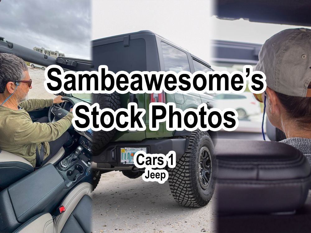 A set of various photos of driving, a car, and a view behind a passenger from the stock photo pack with text overlaying them reading: Sambeawesome's Stock Photos, Cars 1, Jeep.