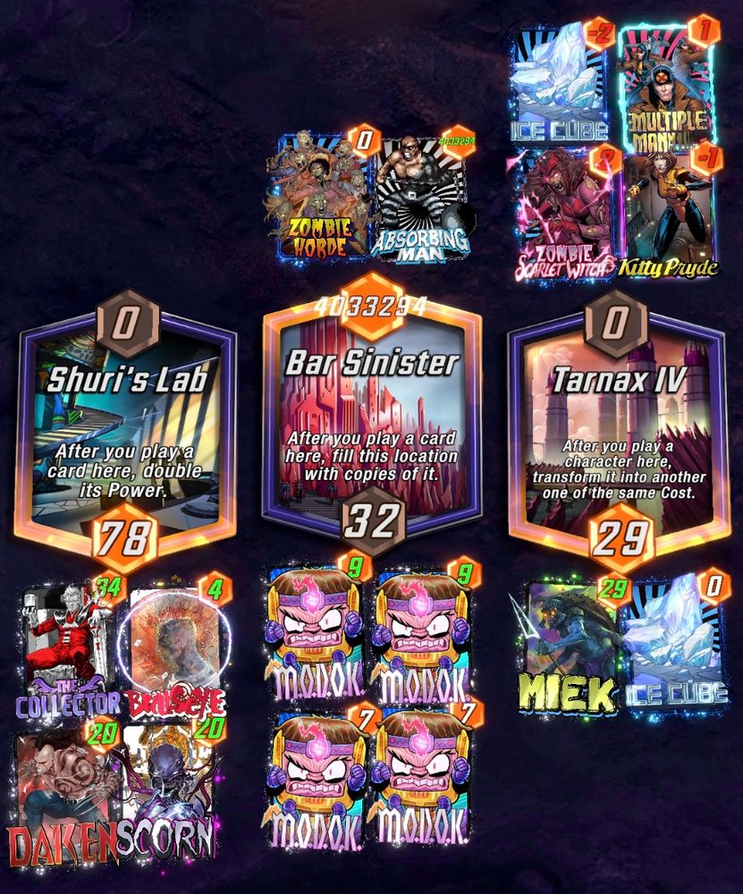 Final match state between a Man-Spider deck and my Bullseye Discard. There were Bar Sinister shenanigans resulting in an Absorbing Man with 4,033,294 power. My power at each location was a respectable but unimpressive 78, 32, and 29.