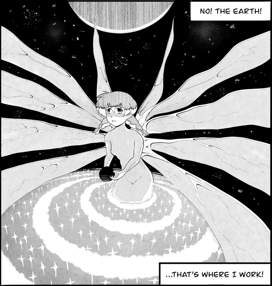 Nanao, having achieved her true angelic form, laments that the Third Impact will make finding a job especially difficult.