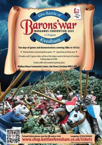 Flyer for the Battle of Evesham Wargames Convention on 2/3 August 2025.