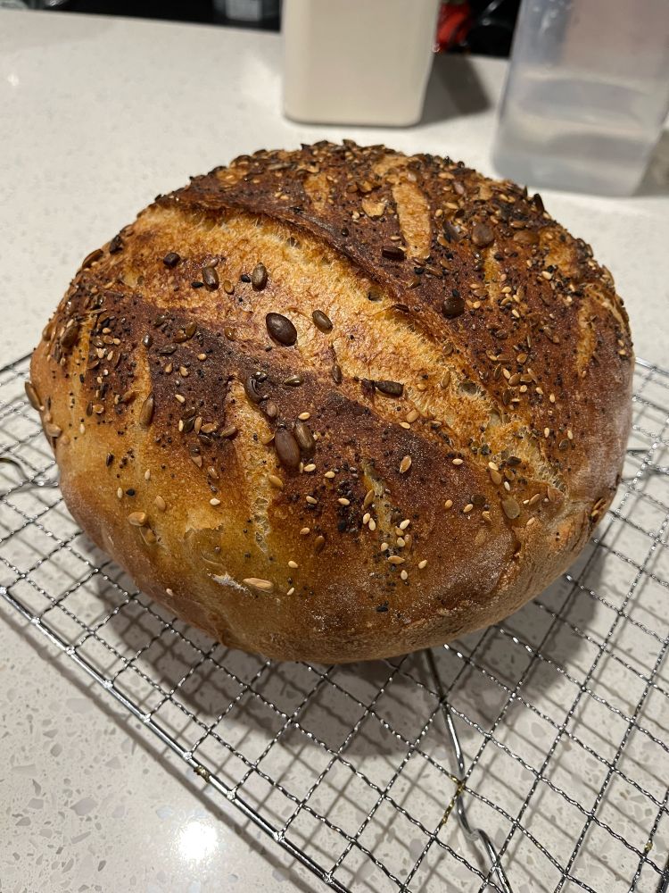 A large round loaf of sourdough bread with seeds and a scored pattern on top