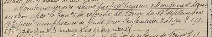 Extrait fiche matricule "proposé pour un changement d'arme par la commission de réforme de Brive du 18 septembre 1917 pour insuffisance de poids". Écriture très lisible quand on a l'esprit alerte !