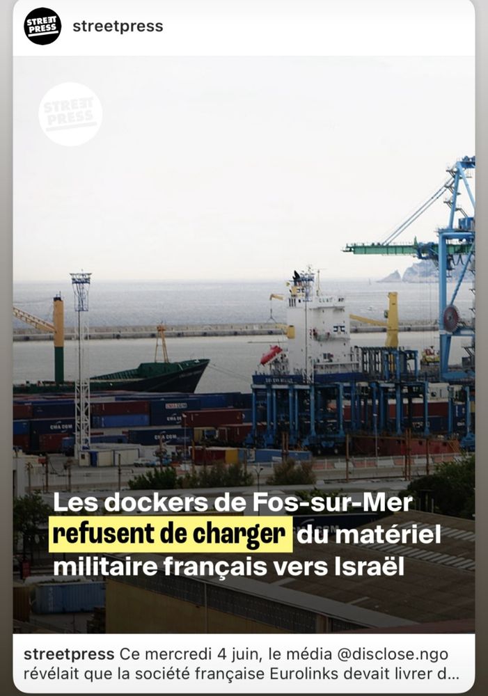 Titre de presse. Les dockers de Fos-sur-Mer refusent de changer du matériel militaire français vers Israël 