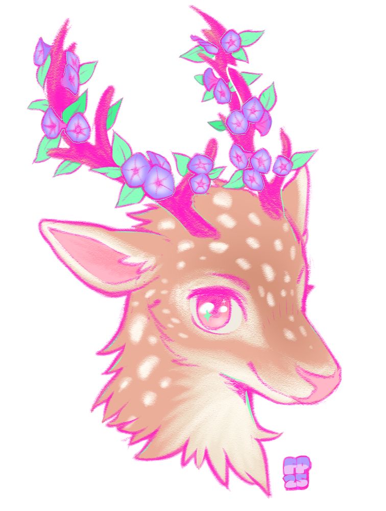 a lovely fluffy deer with tall antlers covered in morning glory blossoms
