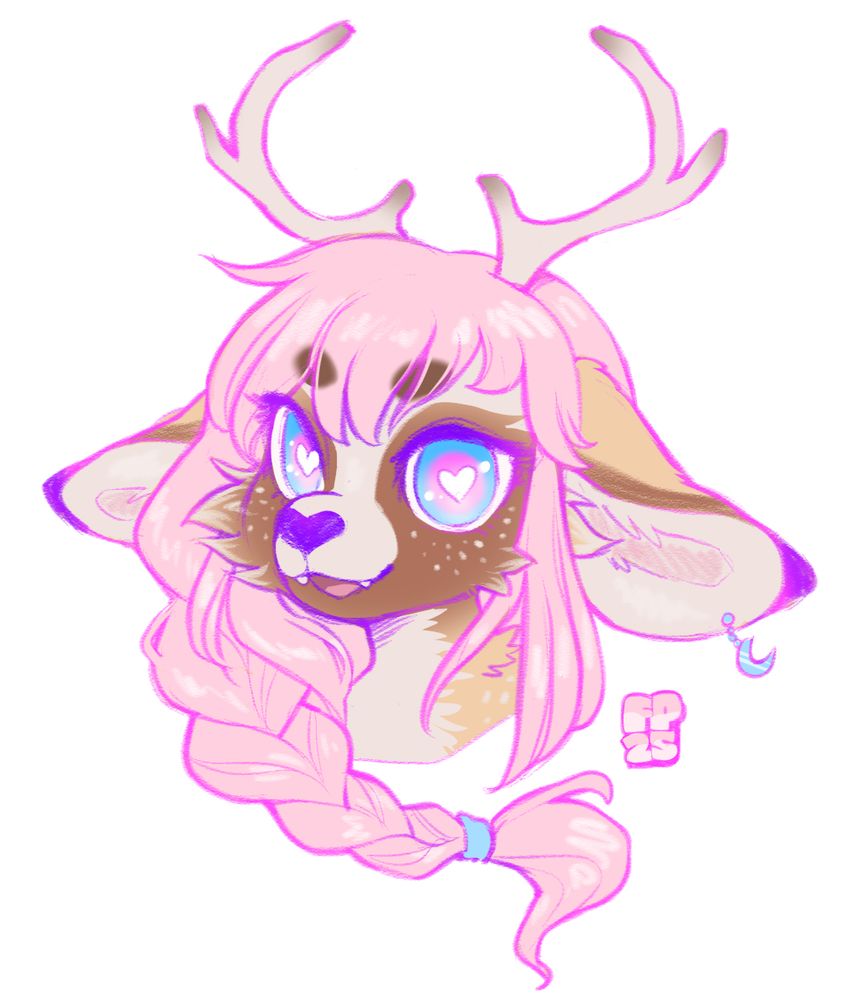 a cute puppy/bunny/deer creature with light pink hair tied in a braid