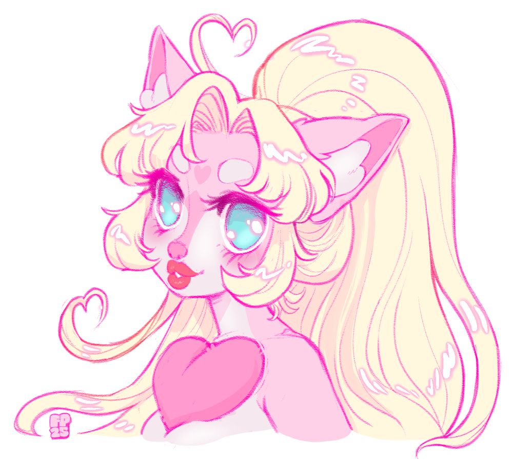 cupid's fursona, a pink and blonde pomeranian character with puffy lips and big eyes