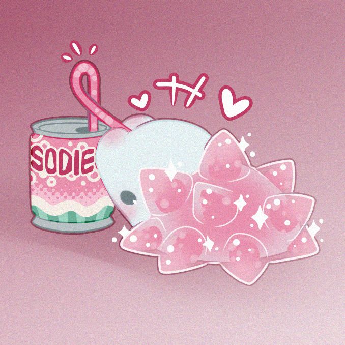 A fullbody picture of an ice worm with pink spikes on its back drinking out of a soda can with a straw. The can has a watermelon theme.