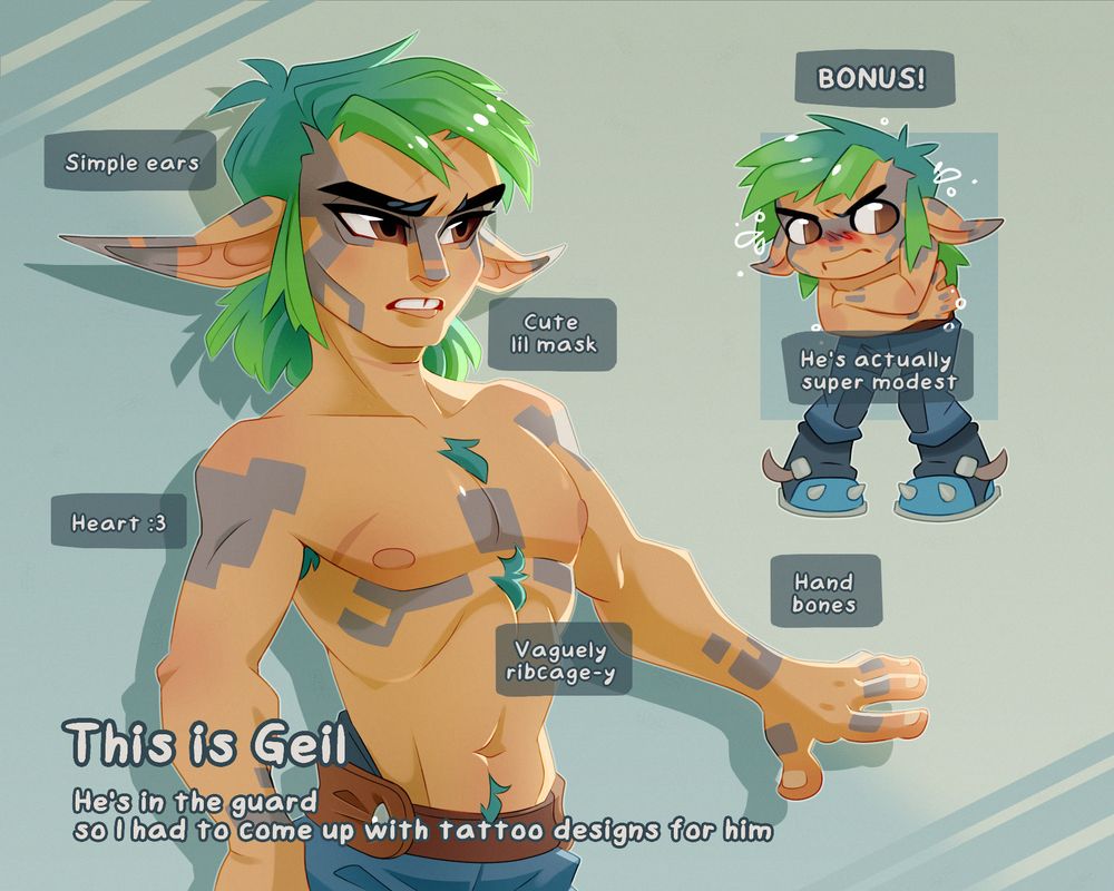 A halfbody artwork of a green haired man with long ears, his body is covered in blocky, geometric tattoos. On the right is a fullbody chibi of the same guy. Image has accompanying text describing the tattoo designs.