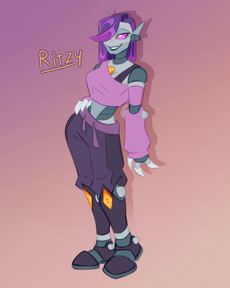 A fullbody artwork of a gray, humanoid robot with purple hair and clothes.