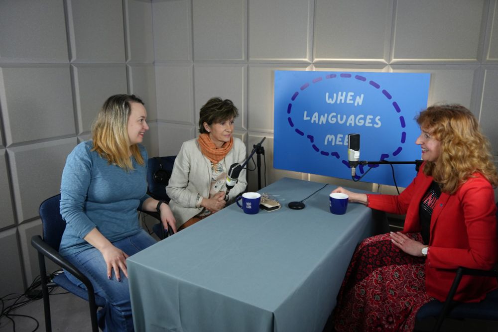 Dr Marta Velnić, Prof Marit Westergaard and Prof Magda Wrembel at the podcasting desk 