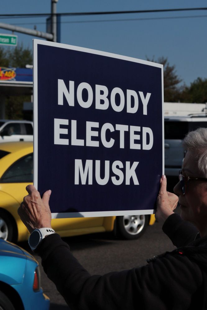A protestor facing away from the viewer holds up a sign towards traffic. The visible side of the sign reads "NOBODY ELECTED MUSK"