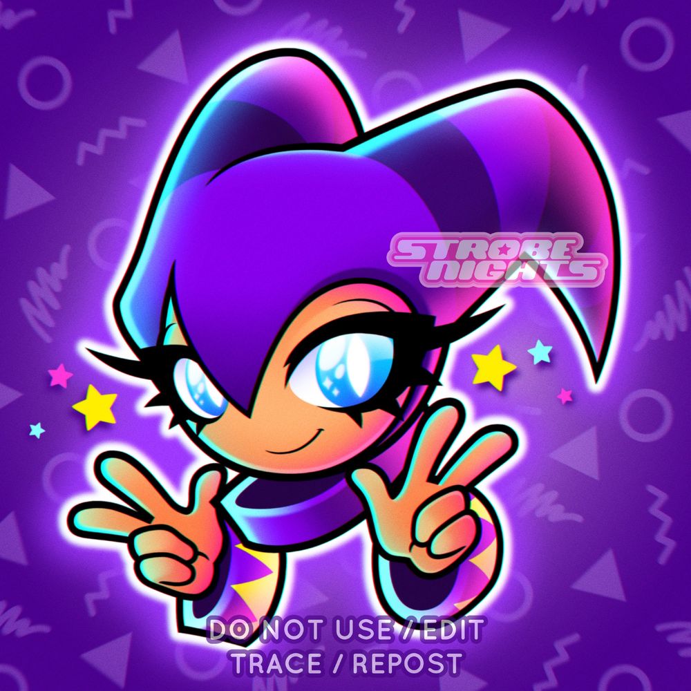 A chibi-styled close up drawing of NiGHTS from the game NiGHTS: Into Dreams. They wear a purple striped, two-horned jester cowl on their head. In my artwork, I have drawn them with bright blue eyes, orange-y tanned skin and large spikey eyelashes. They are doing peace signs with both of their hands. The background is purple with light purple geometric shapes and squiggly lines, much like the details that are used on things such as 80s Memphis graphic designs and arcade carpets.

TAGS: #nights #nightsintodreams #nightsjourneyofdreams #nid #njod #nightsid #nightsjod #sega #sonicteam #game #games #gaming #videogame #videogames #gameart #gameartwork #gamingart #gamingartwork #videogameart #videogameartwork #art #artwork #drawing #digitalart #digitalartwork #fanart #fanartwork