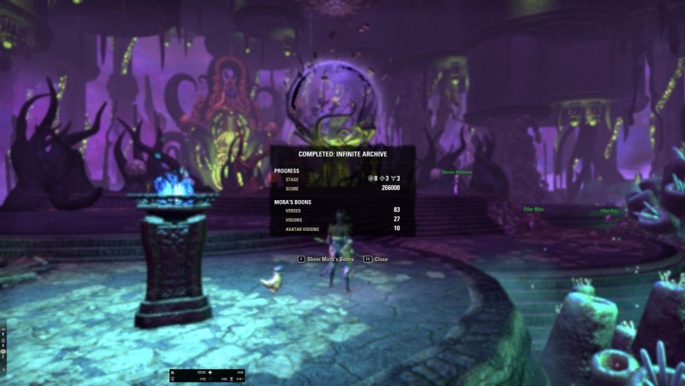 Screenshot of the end of run for Infinite Archive in Elder Scrolls Online. 8-3-3 with a score of 266,000.