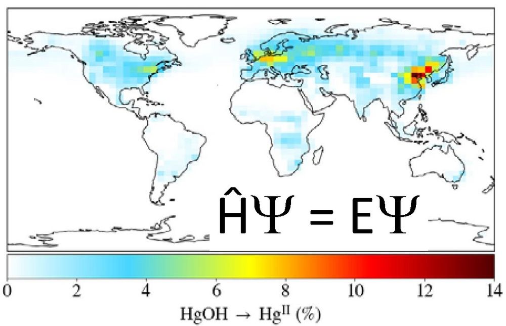 Map of the world color-coded by the percent of HgOH going on to make HG(II) compounds. The Schrodinger equation is depicted below Africa.