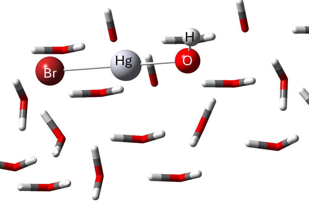 BrHgOH molecule on a layer of water molecules (meant to represent the top layer of the surface of ice).