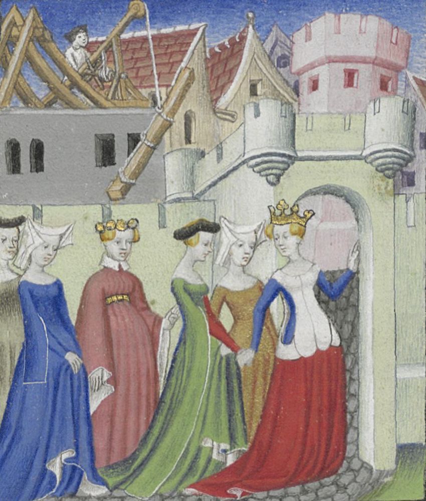 Medieval painting of 5 women. They’re dresses and sleeves are long, looking at their feet. Blue, pink, green, yellow, and the last gown is red white and blue. This one also wears a crown.