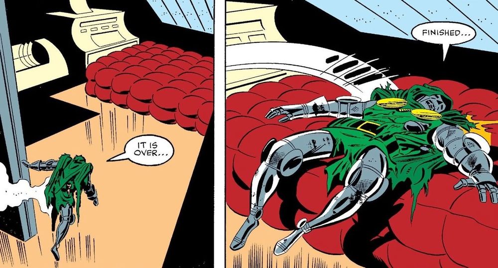 Doctor Doom falling onto a bed saying, "finished"