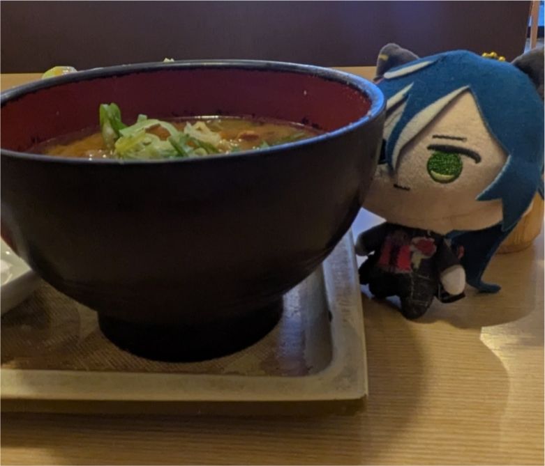 大きいどんぶり(汁椀)よりも俺のほうが背が高いぞ　とすこし誇らしげな顔をするぬいぐるみ