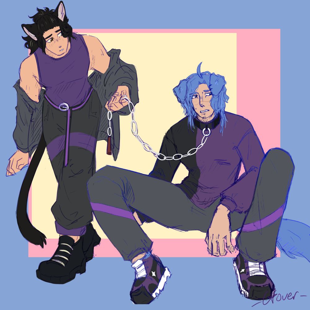 Digital art by StarryClover on Toyhouse of my OCs Harpur and Smith. Smith has floppy dog ears and a fluffy tail (not canon), and Harpur has his usual cat ears and tail. 
Harpur is holding a chain leash, connected to a collar around Smith's neck. Smith sits on the ground, looking pathetic as always, while Harpur, who is standing, looks at him in concern.