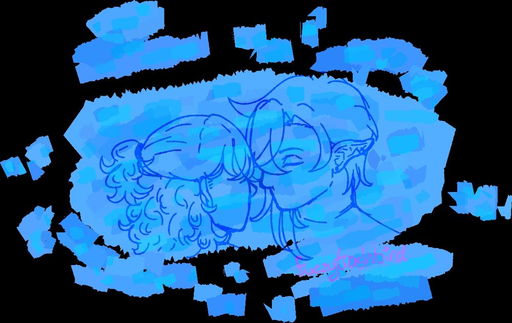 Digital bust sketch of my two OCs Sebastian and Callion. Sebastian, who is on the viewer left, is facing away from the viewer and towards Callion who is to the right.
Sebastian's shoulder length curly hair is half pulled up onto a pontytail with his bangs hiding his eyes from the viewer. 
Callion's shorter hair has the bangs parted on the left side. His eyes are closed, only the left being visible, as his right eye is hiden by his bangs. He has a longer section of hair on his right side that reaches a bit past shoulder length. 
The whole piece is on a blue sectioned background. The main sketch of the two men is on the largest section of the blue, while there are smaller, scribbled lines of blue around it. 
I used a brush in my art program that uses a slightly different hue with every stroke and went over the whole thing with random spots and scribbles to add a texture. The sketch lines for the two men is in a darker blue. 