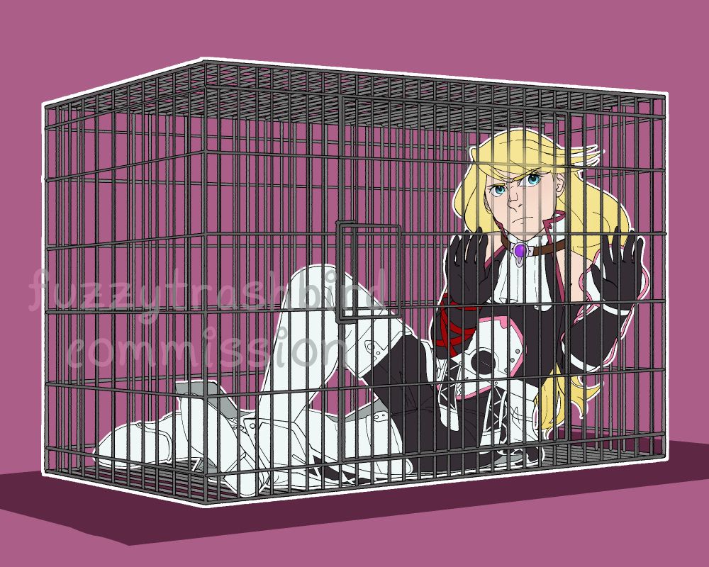 Digital art of a character named Richard (I apologize, I do not know what he's from) in a dog cage/crate/kennel. 