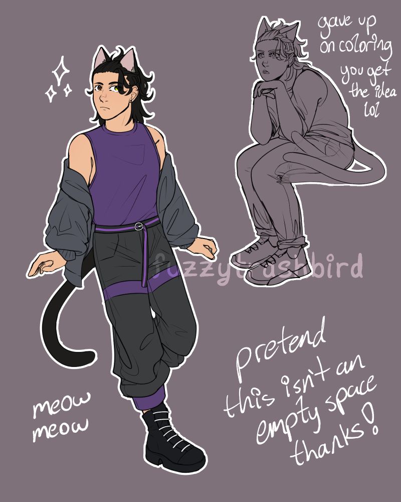 Digital art of my cat boy OC Harpur- in one drawing he is sitting and in the other he is standing and leaning against an implied surface. The standing one is colored, showing his black hair, ears, and tail, his heterochromia, and his purple and grey outfit. The outfit  consists of a grey jacket over a purple tank top that's tucked into baggy grey cuffed pants that have a couple purple accents. He wears boots with a slight platform to them, though only one is showing.
In the drawing that shows him sitting, he is just an uncolored sketch and he looks grumpy, his tail flicking like an annoyed cat. He wears a baggy tshirt and has his jeans rolled at the ankle in this one. 