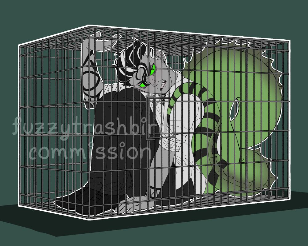 Digital art of Avie's OC Vex in a dog cage/crate.