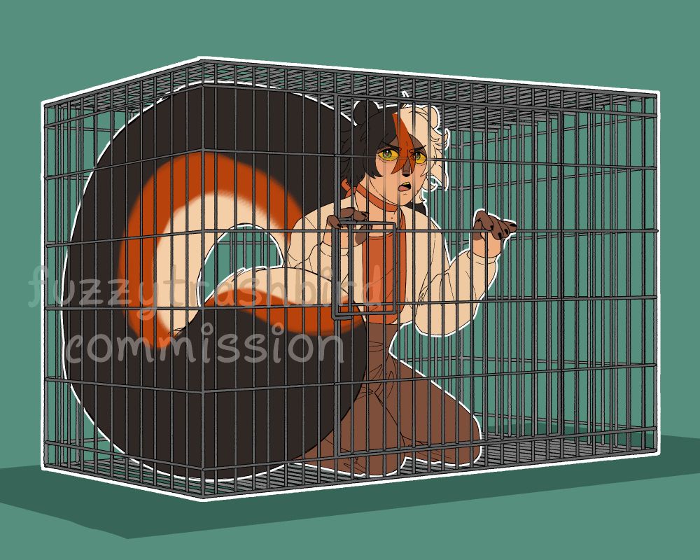 Digital art of Saint's OC/sona in a dog cage/crate.