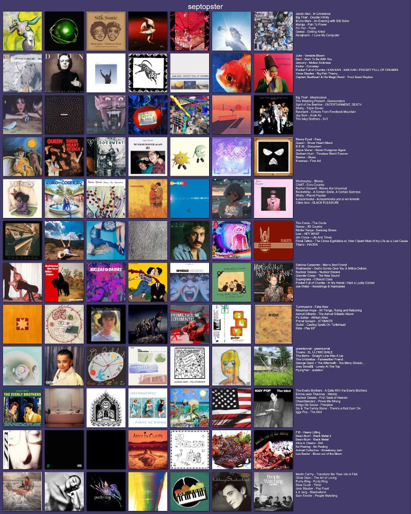      Jacob Alon - In Limerence
    Big Thief - Double Infinity
    Bruno Mars - An Evening with Silk Sonic
    Maruja - Pain To Power
    Fin Fior - Flock
    Geese - Getting Killed
    Ninajirachi - I Love My Computer

    Julie - Variable Bloom
    Dion - Born To Be With You
    January - Motion Sickness
    Kicker - Eurostep
    Pocket Full of Crumbs / KAN KAN - KAN KAN / POCKET FULL OF CRUMBS
    Vince Staples - Big Fish Theory
    Captain Beefheart & His Magic Band - Trout Mask Replica

    Big Thief - Masterpiece
    The Wedding Present - Seamonsters
    Spirit of the Beehive - ENTERTAINMENT, DEATH
    Wishy - Triple Seven
    Ravetank - Echoes From Feedback Mountain
    Jay Som - Anak Ko
    The Isley Brothers - 3+3

    Bleary Eyed - Easy
    Queen - Sheer Heart Attack
    R.E.M. - Document
    Joyce Manor - Never Hungover Again
    Graham Hunt - Timeless World Forever
    Bladee - Gluee
    Kneecap - Fine Art

    Wednesday - Bleeds
    CMAT - Euro-Country
    Rachel Goswell - Waves Are Universal
    Rocketship - A Certain Smile, A Certain Sadness
    Wishy - Planet Popstar
    kurayamisaka - kurayamisaka yori ai wo komete
    Cities Aviv - BLACK PLEASURE

    The Cords - The Cords
    Geese - 3D Country
    Nilüfer Yanya - Dancing Shoes
    Low - HEY WHAT
    Jim Croce - Life And Times
    Floral Tattoo - The Circus Egotistica or, How I Spent Most of my Life as a Lost Cause
    Titanic - HAGEN

    Sabrina Carpenter - Man’s Best Friend
    Shallowater - God's Gonna Give You A Million Dollars
    Nuclear Daisies - Nuclear Daisies
    Geordie Greep - The New Sound
    Supergrass - I Should Coco
    Pocket Full of Crumbs - In My Hands I Hold a Lucky Cricket
    Joe Webb - Hamstrings & Hurricanes

    Tummyache - Fake New
    Rhiannon Hope - All Things, Rising and Returning
    Astrud Gilberto - The Astrud Gilberto Album
    Pa Salieu - Afrikan Alien
    Primal Scream - XTRMNTR
    Guitar - Casting Spells On Turtlehead
    Ride - Play EP

    greentunnel - gre…