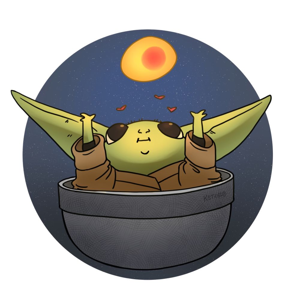 Illustration of baby yoda with floating egg