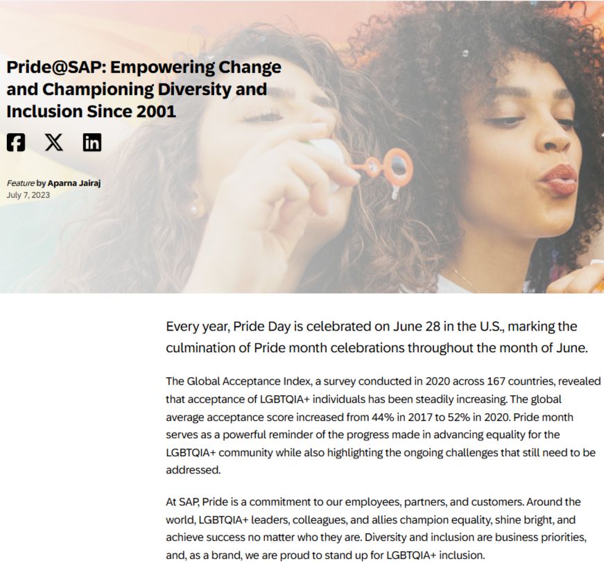 Diversitäts_PR von SAP mit dem Titel "Empowering Change and Championing Diversity and Inclusion since 2001"