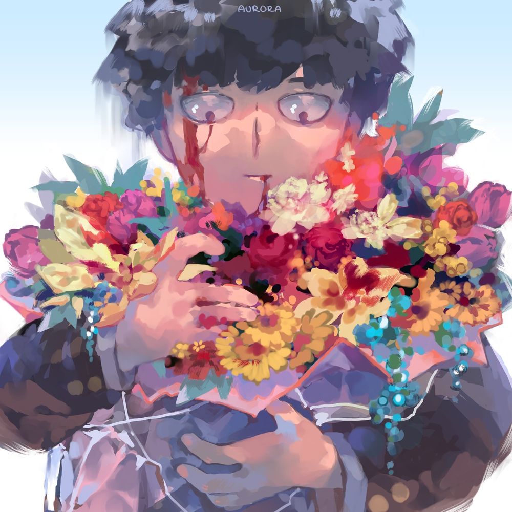 digital drawing of mob from mob psycho 100 carrying a big bouquet of flowers and bleeding from his head.