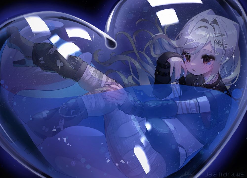 Illustration of a cute anime girl in a glass heart, laying in blue liquid. The girl is crying and tears are on her face. It’s a digital artwork 