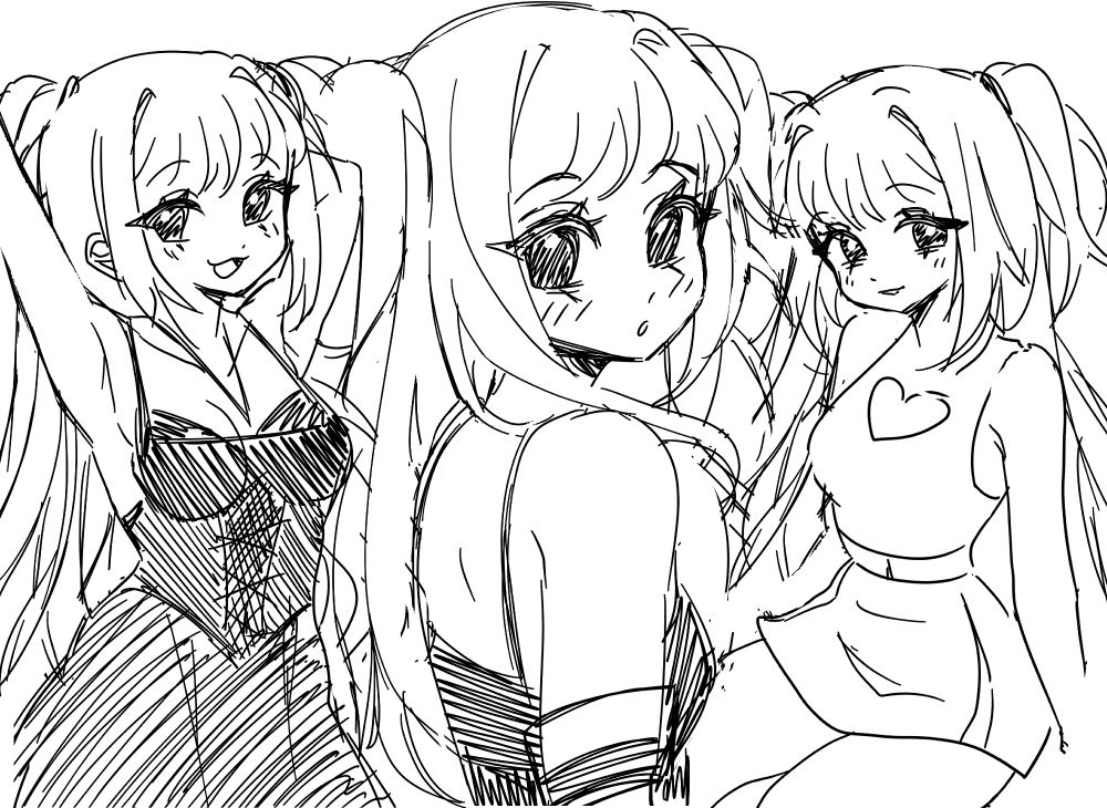 sketches of misa with multiple poses and outfits, digital art with cute anime style anime girl