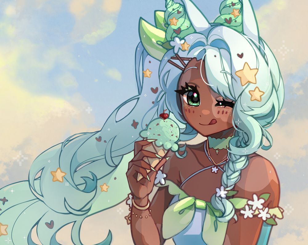 illustration of a cute anime girl eating ice cream. she has brown skin with vitiligo and mint green hair, with ice cream in her ears. she is licking her lips and glancing at the camera happily