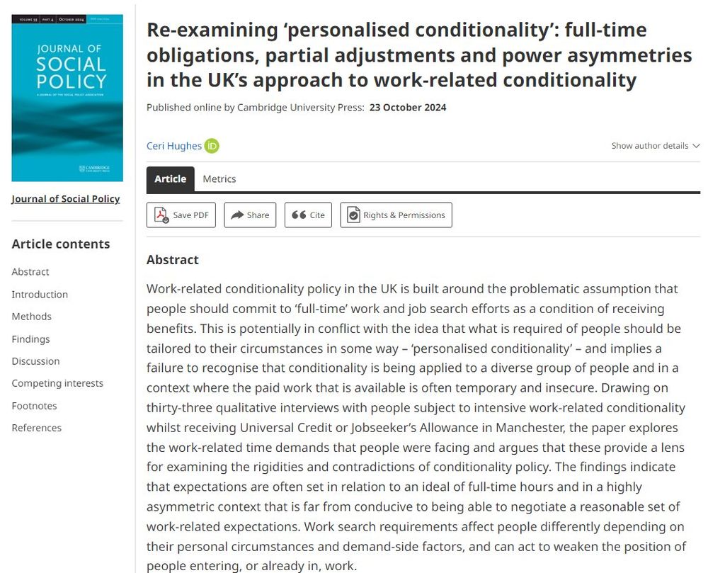Paper title: "Re-examining 'personalised conditionality': full-time obligations, partial adjustments and power asymmetries in the UK's approach to work-related conditionality"
